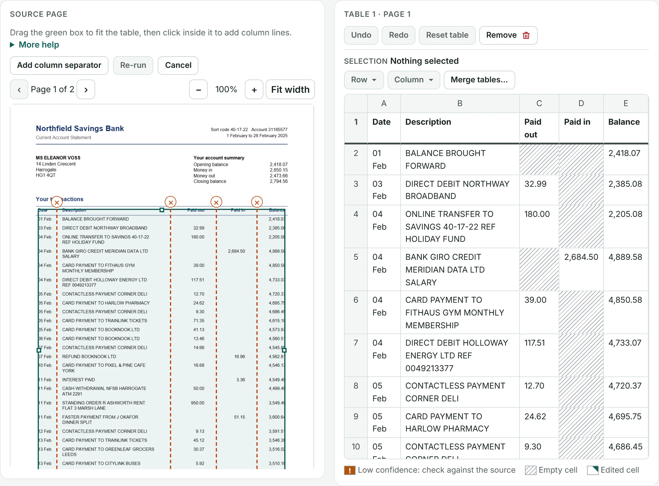 The workspace: on the left a bank statement page with the green table region and dashed column lines, on the right the table it produced, with Date, Description, Paid out, Paid in and Balance columns.